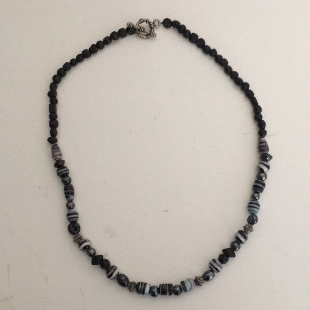 Vintage necklace grey marble  gemstone glass beads
